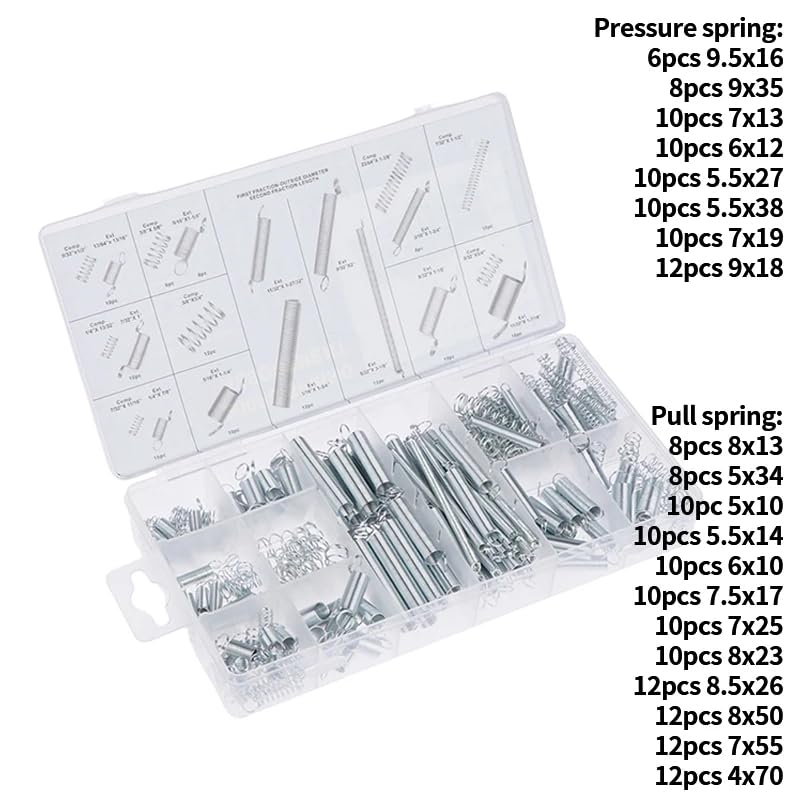 200 Piece Metal Spring Set Assortment Kit: Compression, Tension, Extension & Spiral Springs with Storage Case