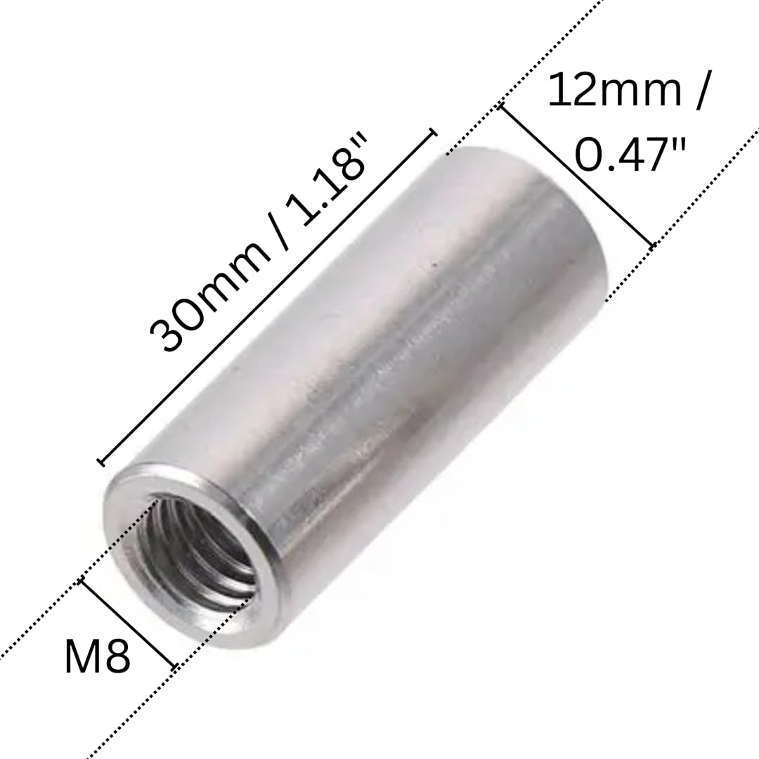 20 Pack of M8 Round Coupling Nuts - 304 Stainless Steel Connector Nut 30mm (1.17inch) Length