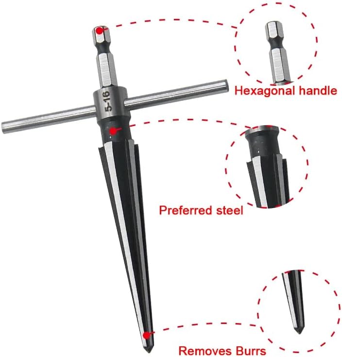 2 Pack of Handheld Tapered Reamers (3-13mm & 5-16mm) 1/4 Inch Hex Shank - T-Handle Taper Reamer Woodwork Set