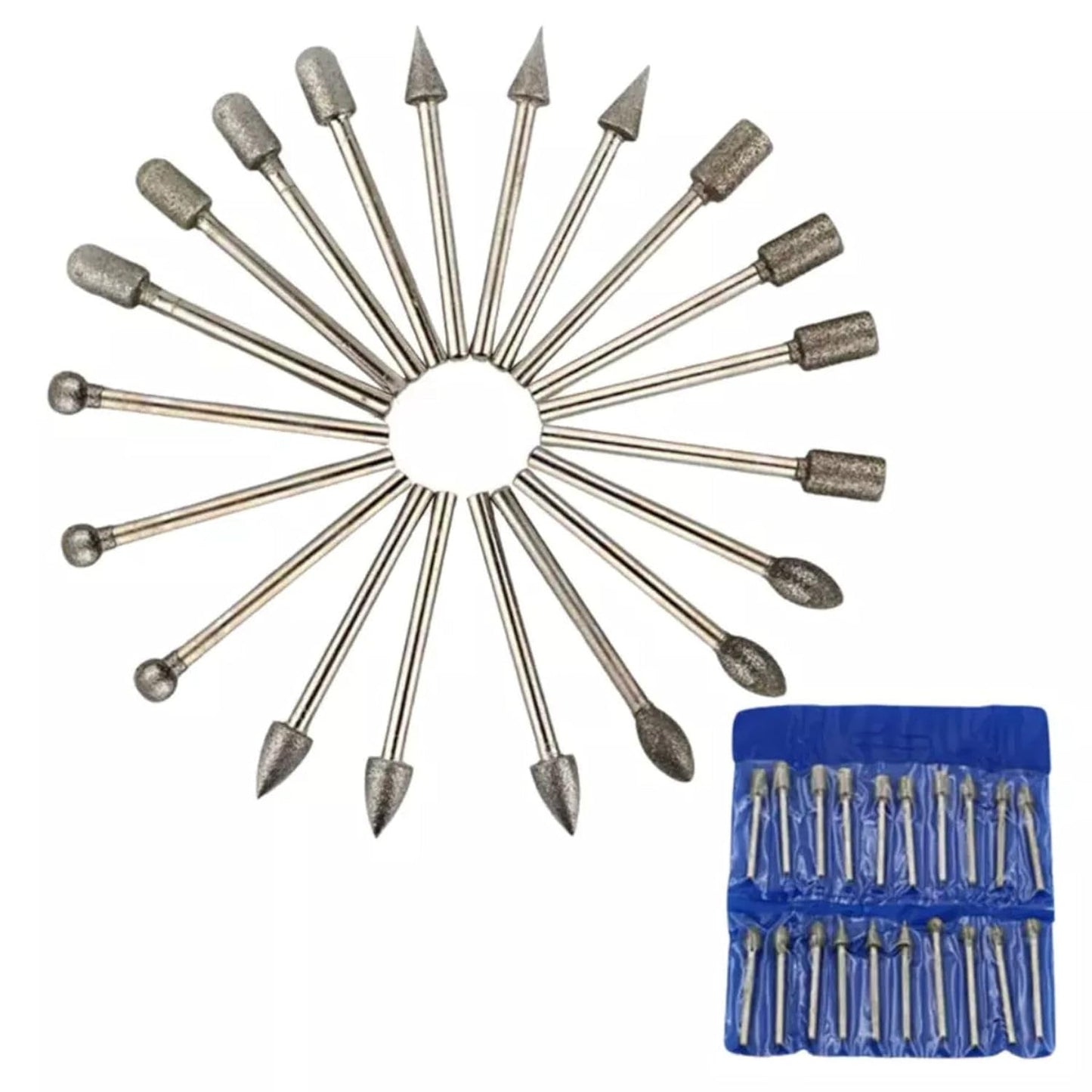 30pcs Diamond Grinding Bit Set for Dremel for Stone Glass Carving Polishing Diamond Grinding Burr Rotary Tool 3mm Shank