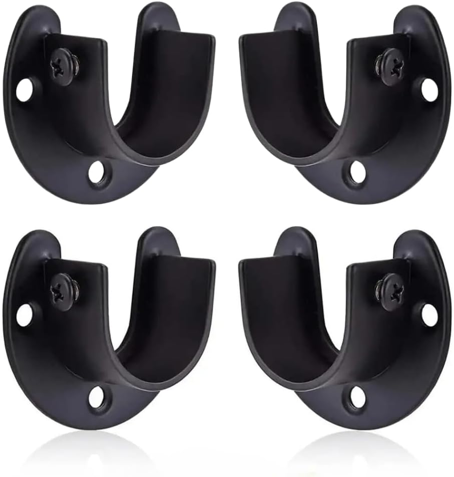 4pcs Black 25mm (0.98" Inch) Diameter Stainless Steel Rod Socket Flange U-Shape Bracket End Support for Curtain Pole, Wardrobe Closet & Bathroom Shower Rail Curtain