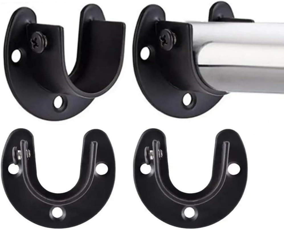4pcs Black 25mm (0.98" Inch) Diameter Stainless Steel Rod Socket Flange U-Shape Bracket End Support for Curtain Pole, Wardrobe Closet & Bathroom Shower Rail Curtain