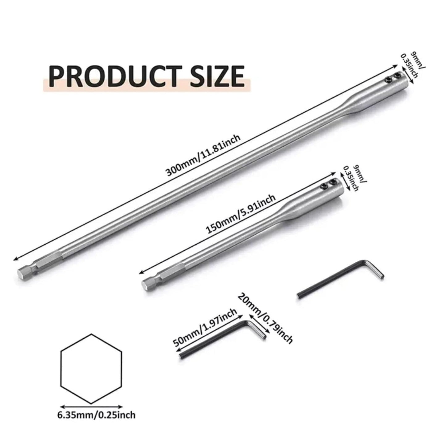 4pcs Drill Bit Extension Set 6" & 12" Long High-Carbon Steel Wood Spade Drill Bit Extender Extension Set for Wood Turners Furniture Carpentry and Construction with Allen Keys 1/4" Hex Shank