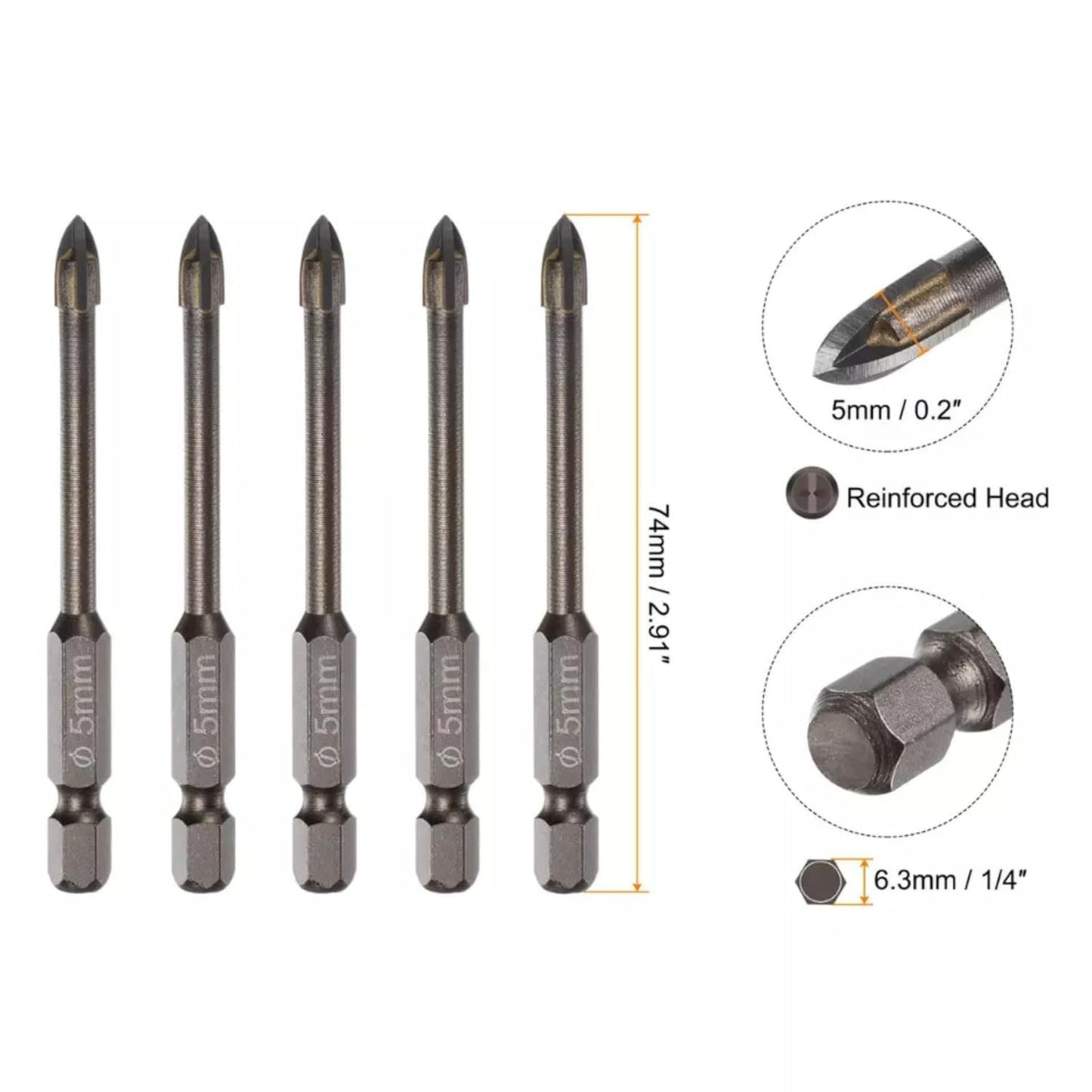 5pcs Titanium-Coated Masonry Drill Bits – Concrete, Ceramic Tile Triangle Tip Drill Bits with 1/4" Hex Shank for Mirror, Tile, Brick and Concrete Block (5mm Diameter)