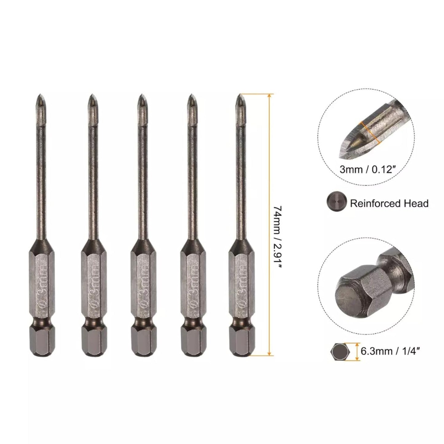 5pcs Titanium-Coated Masonry Drill Bits – Concrete, Ceramic Tile Triangle Tip Drill Bits with 1/4" Hex Shank for Mirror, Tile, Brick and Concrete Block (3mm Diameter)