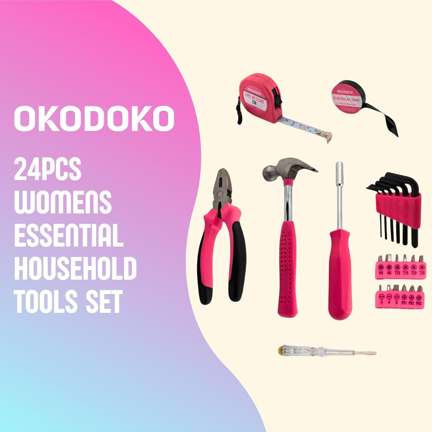 24pc Pink Tool Kit for Women – Mini DIY Household Ladies Toolbox Set with Essential Starter Hand Tools for Home Improvement Projects, Repair & Maintenance