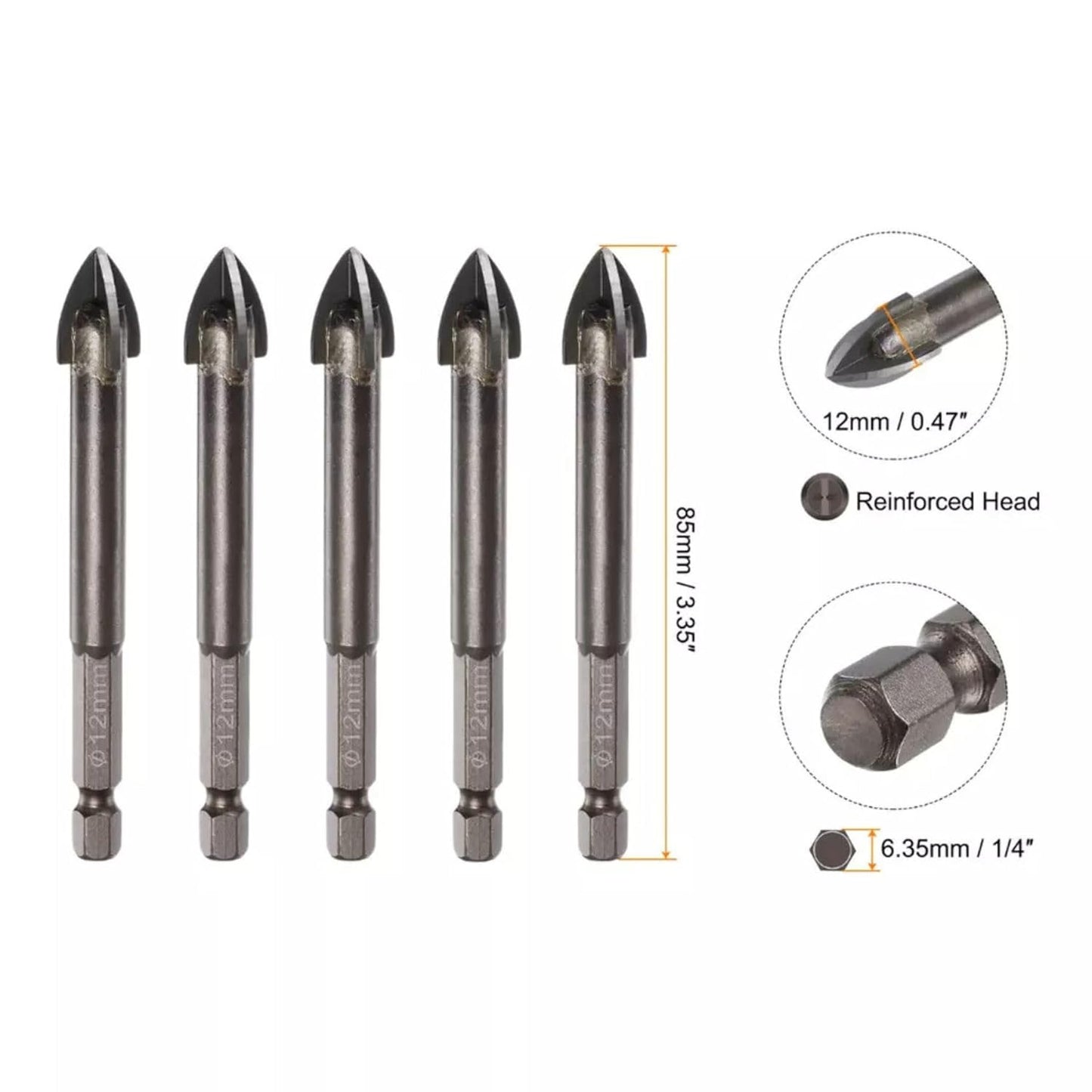 5pcs Titanium-Coated Masonry Drill Bits – Concrete, Ceramic Tile Triangle Tip Drill Bits with 1/4" Hex Shank for Mirror, Tile, Brick and Concrete Block (12mm Diameter)