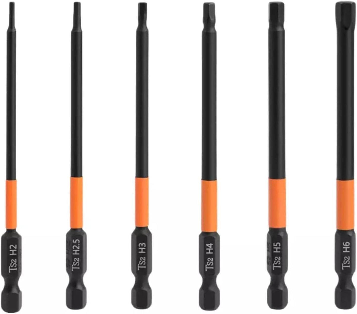 6pcs Assorted Magnetic Allen Key Wrench Drill Bit Attachment Set with 1/4 Inch Hex Shank S2 Steel H2/H2.5/H3/H4/H5/H6 Metric Impact Hex Head Screwdriver Bit Set - 3.93 Inch / 100mm Long