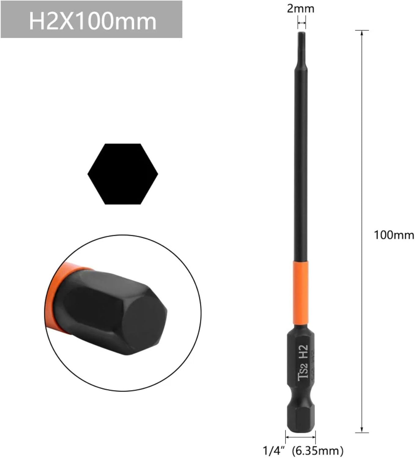 6pcs Assorted Magnetic Allen Key Wrench Drill Bit Attachment Set with 1/4 Inch Hex Shank S2 Steel H2/H2.5/H3/H4/H5/H6 Metric Impact Hex Head Screwdriver Bit Set - 3.93 Inch / 100mm Long