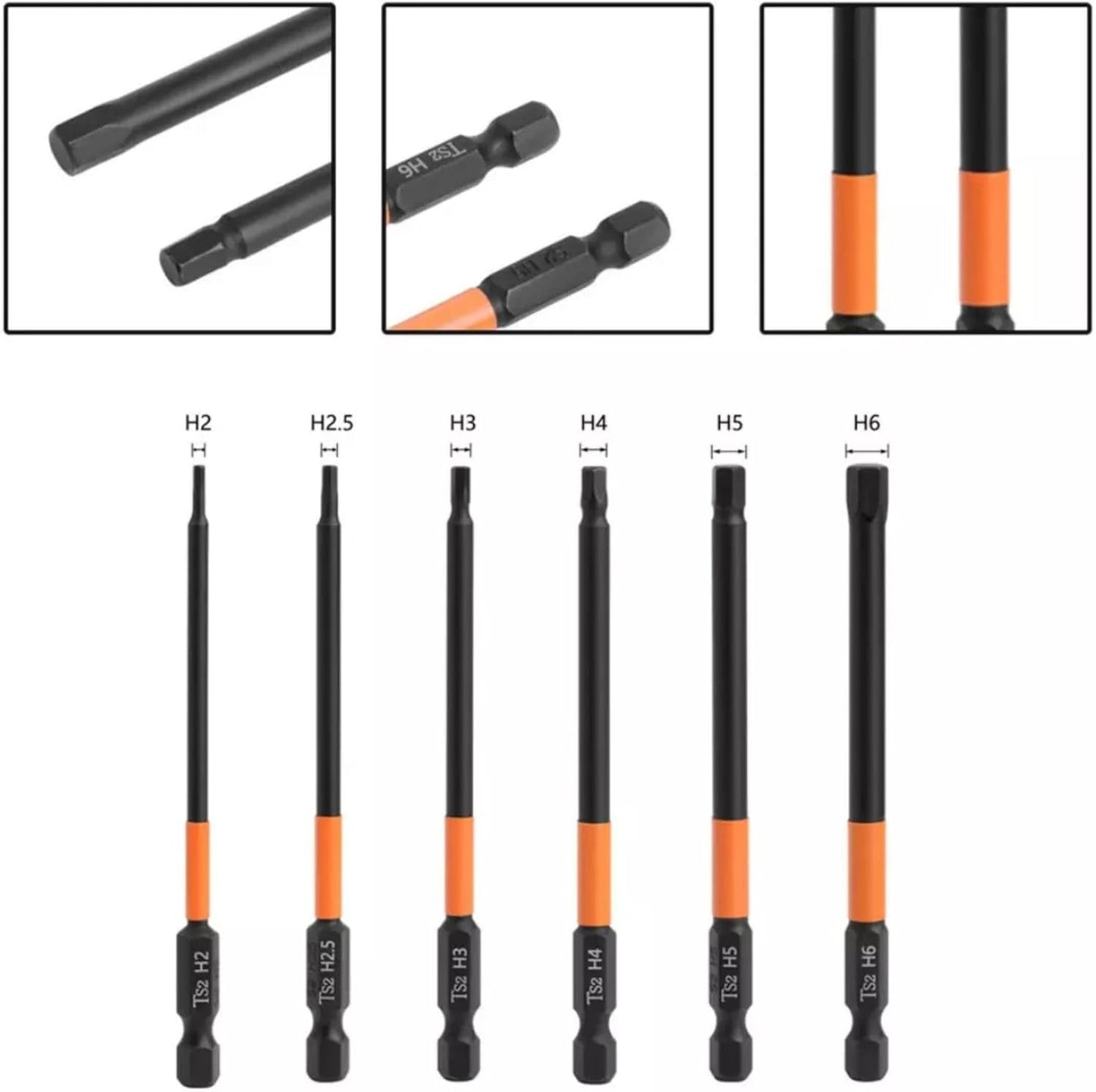 6pcs Assorted Magnetic Allen Key Wrench Drill Bit Attachment Set with 1/4 Inch Hex Shank S2 Steel H2/H2.5/H3/H4/H5/H6 Metric Impact Hex Head Screwdriver Bit Set - 3.93 Inch / 100mm Long