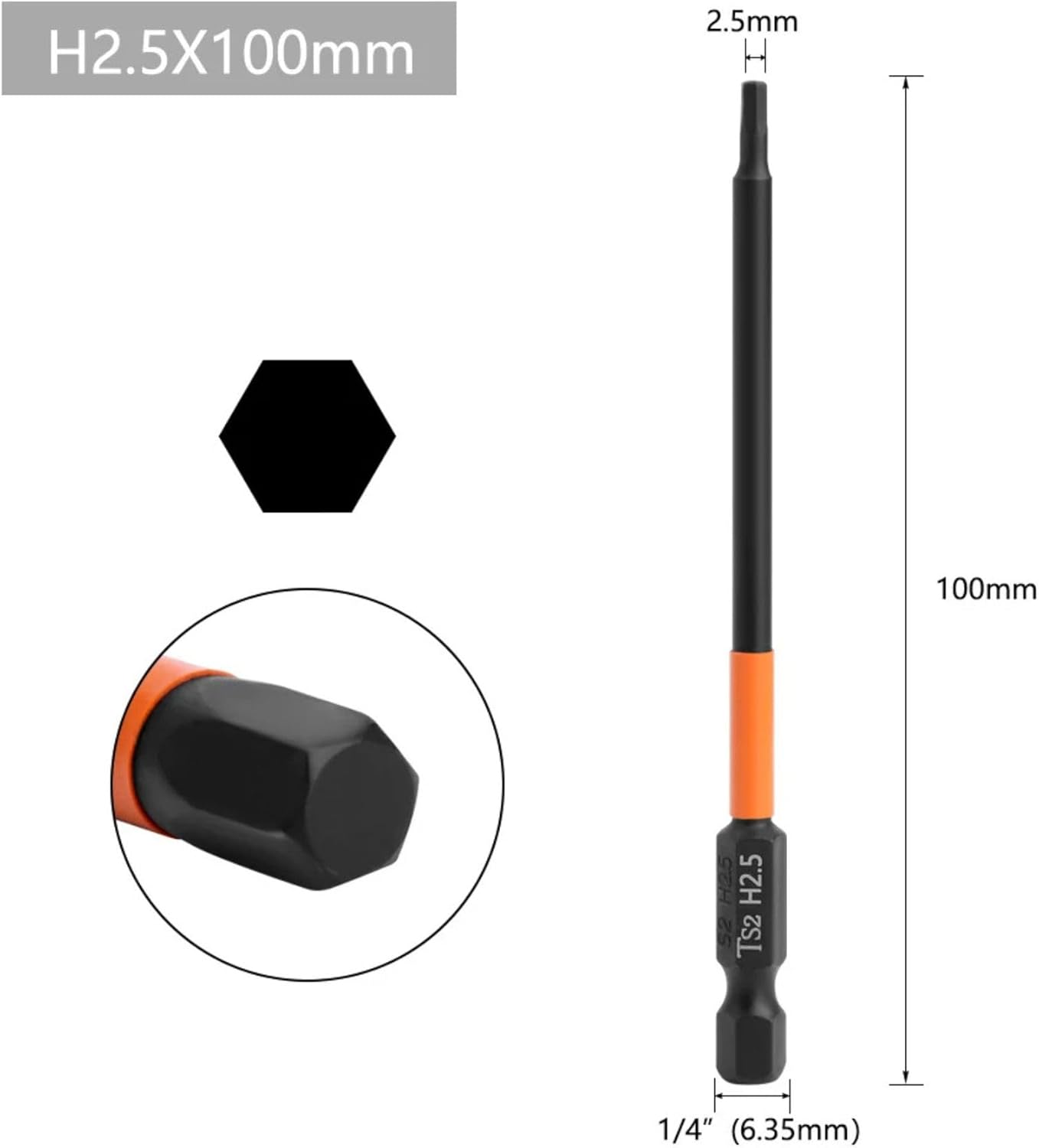 6pcs Assorted Magnetic Allen Key Wrench Drill Bit Attachment Set with 1/4 Inch Hex Shank S2 Steel H2/H2.5/H3/H4/H5/H6 Metric Impact Hex Head Screwdriver Bit Set - 3.93 Inch / 100mm Long