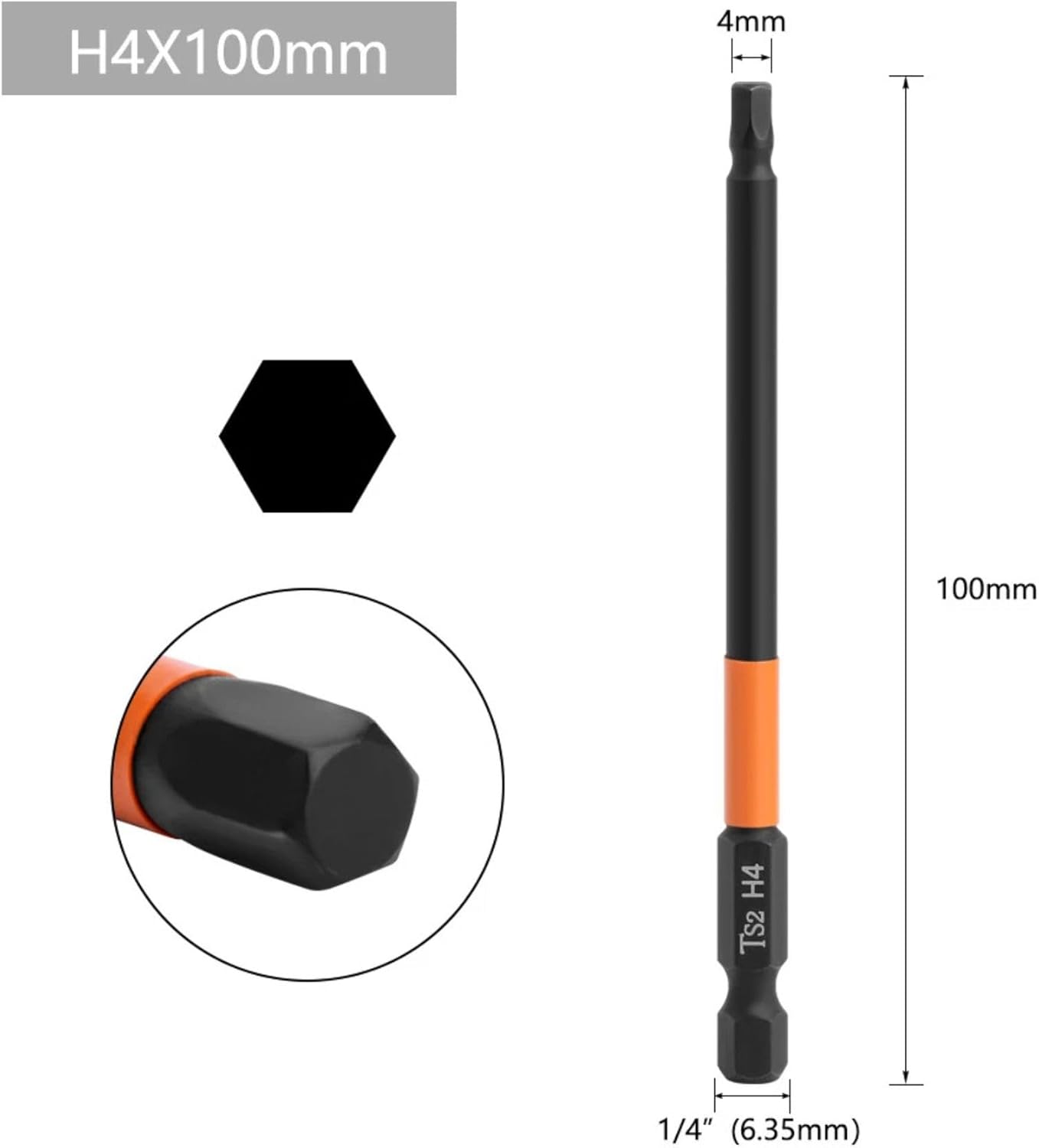 6pcs Assorted Magnetic Allen Key Wrench Drill Bit Attachment Set with 1/4 Inch Hex Shank S2 Steel H2/H2.5/H3/H4/H5/H6 Metric Impact Hex Head Screwdriver Bit Set - 3.93 Inch / 100mm Long