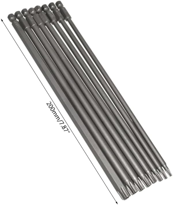 8 Pack of 200mm 7.9" Magnetic Long Reach Security Torx Bit Set (T8, T10, T15, T20, T25, T27, T30, T40) 1/4" Hex Shank - Star Screw Driver Drill Bits