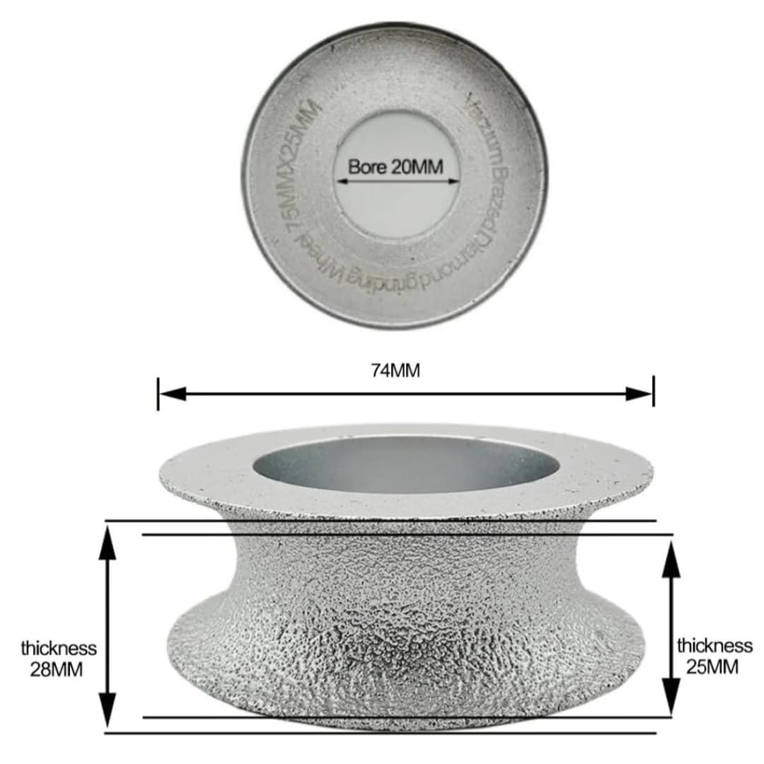 Concave Abrasive Bullnose Angle Grinder Grinding Wheel (25mm Grinding Edge) Tool Brazed for Stone, Marble, Granite, Ceramic, Quartz & Artificial Stone (74mm Wide - 20mm Hole)