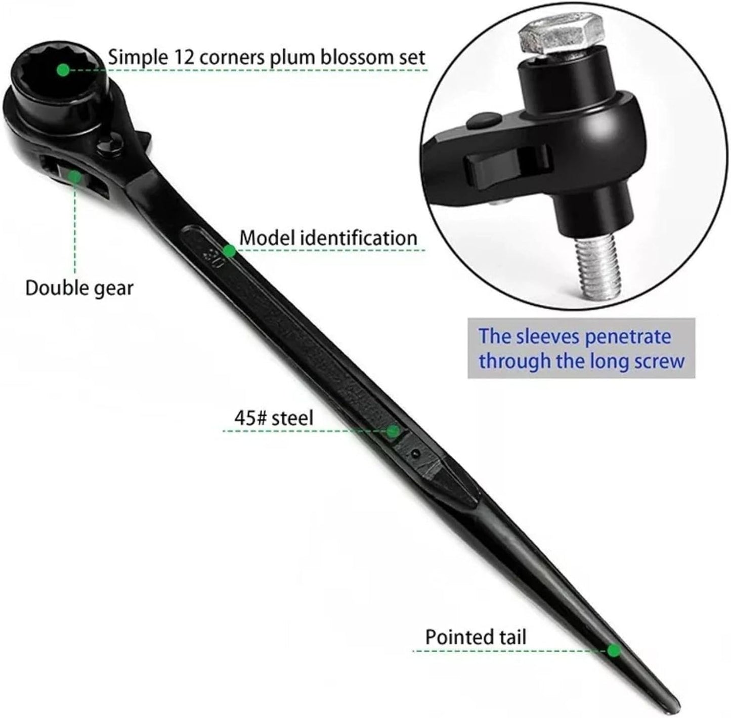 17 x 19mm Hexagon Scaffold Podger Ratchet Spanner Ratcheting Socket Wrench Tool