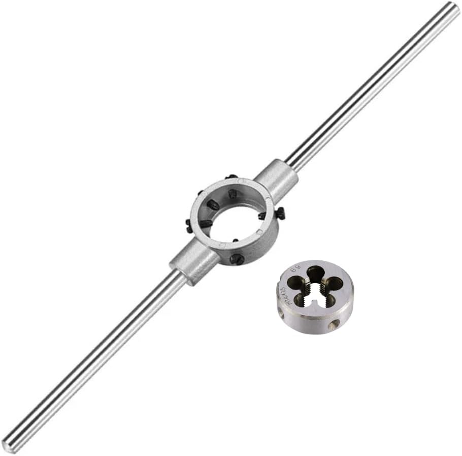 Adjustable Die Stock Handle Wrench Hand Tool with M14 x 1.5 Threading Round Die and 38mm Adjustable Holder (Fits M12-M16 Dies)