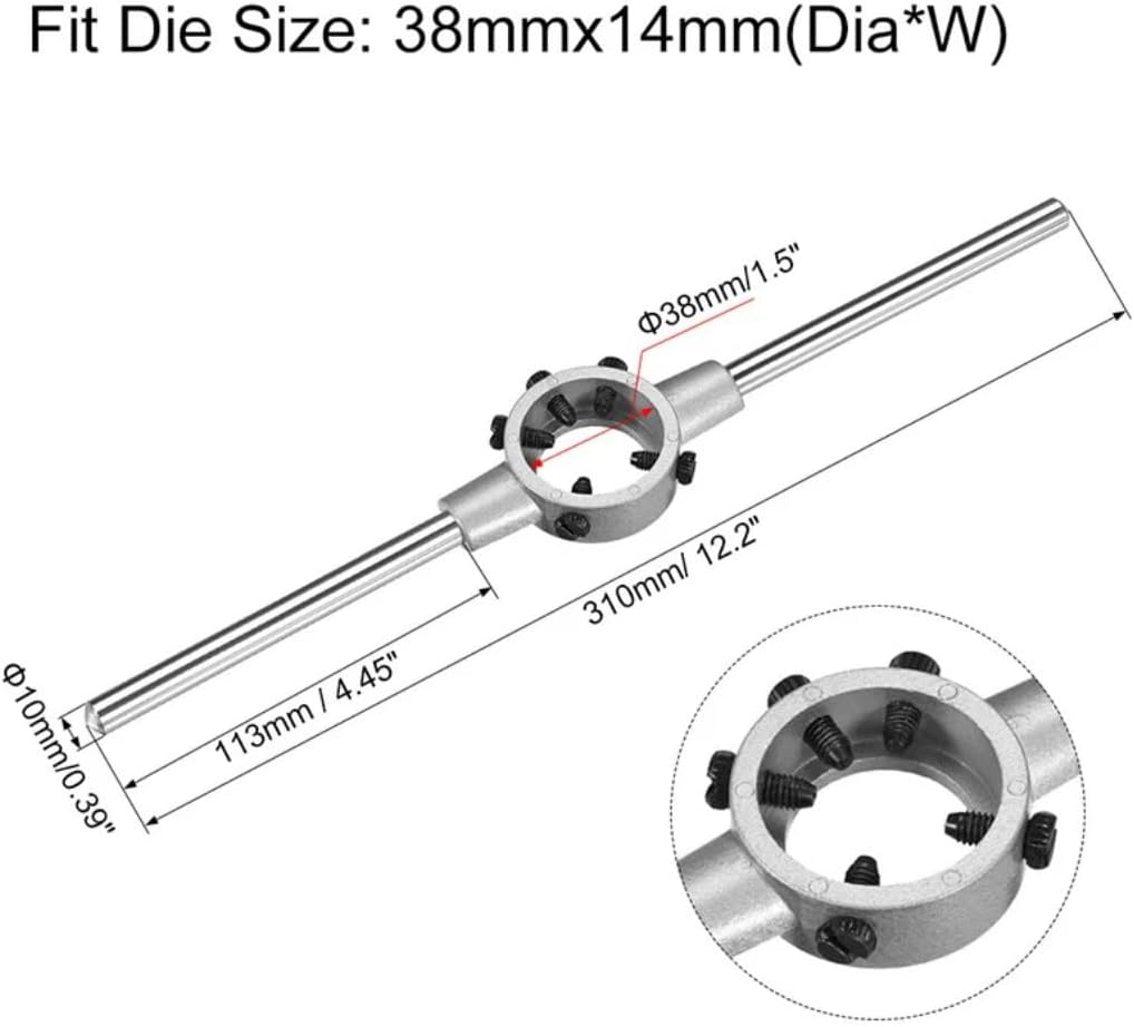 Adjustable Die Stock Handle Wrench Hand Tool with M14 x 1.5 Threading Round Die and 38mm Adjustable Holder (Fits M12-M16 Dies)