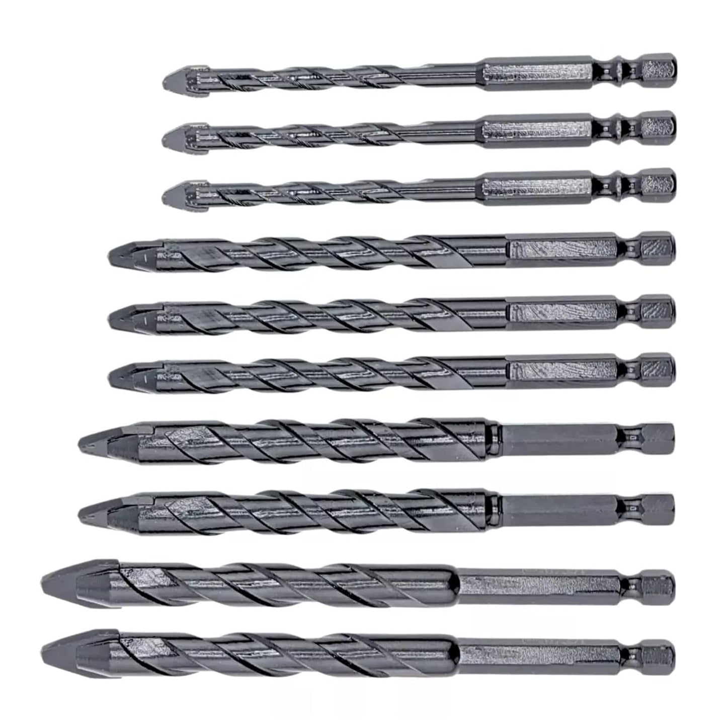 10pcs Heavy-duty Masonry Eccentric Twist 6, 8, 10 & 12mm Drill Bit Set 1/4" Hex for Concrete Walls Tiles Glass Hard Plastic Cement Granite