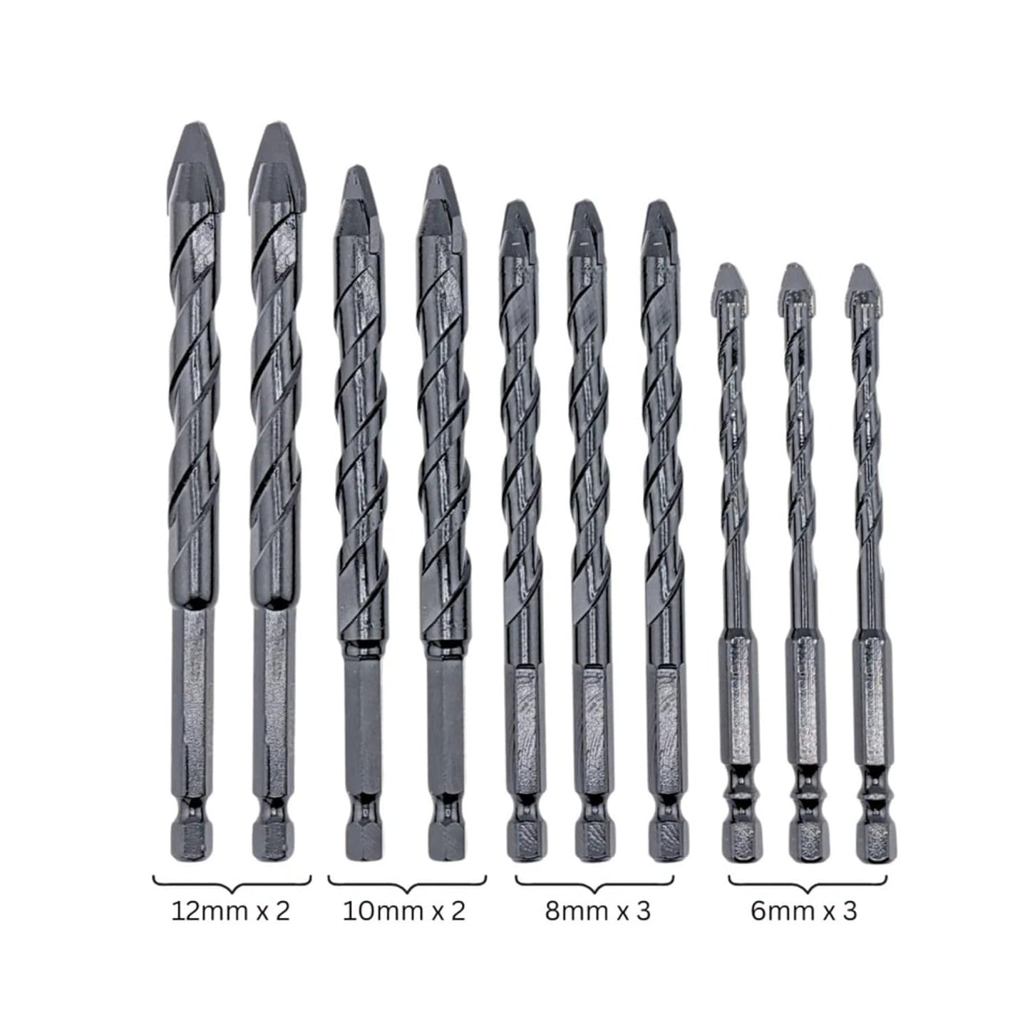 10pcs Heavy-duty Masonry Eccentric Twist 6, 8, 10 & 12mm Drill Bit Set 1/4" Hex for Concrete Walls Tiles Glass Hard Plastic Cement Granite
