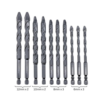 10pcs Heavy-duty Masonry Eccentric Twist 6, 8, 10 & 12mm Drill Bit Set 1/4" Hex for Concrete Walls Tiles Glass Hard Plastic Cement Granite
