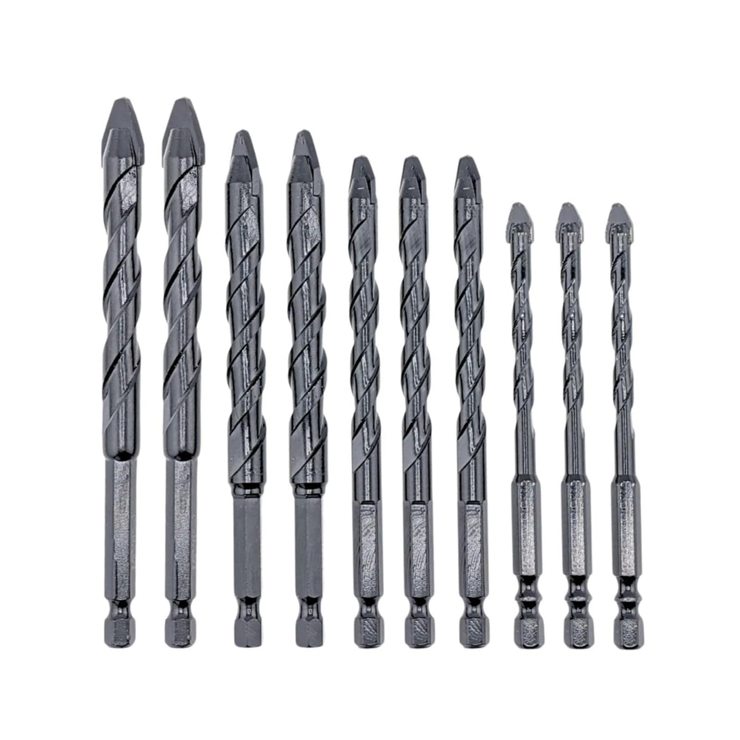 10pcs Heavy-duty Masonry Eccentric Twist 6, 8, 10 & 12mm Drill Bit Set 1/4" Hex for Concrete Walls Tiles Glass Hard Plastic Cement Granite