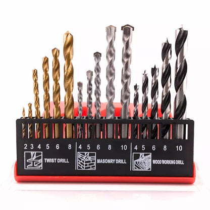 16pc Metal, Masonry & Wood Multi Steel HSS/Titanium Coated Drill Bit Set Straight Shank in Compact Storage Case Box for Metal, Brick, Wood and Plastic - Assorted Sizes