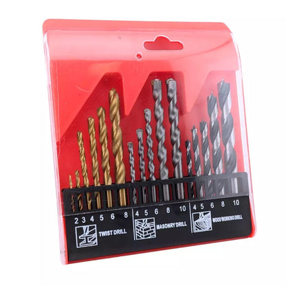 16pc Metal, Masonry & Wood Multi Steel HSS/Titanium Coated Drill Bit Set Straight Shank in Compact Storage Case Box for Metal, Brick, Wood and Plastic - Assorted Sizes