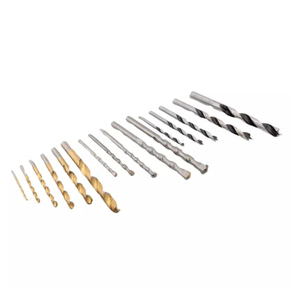 16pc Metal, Masonry & Wood Multi Steel HSS/Titanium Coated Drill Bit Set Straight Shank in Compact Storage Case Box for Metal, Brick, Wood and Plastic - Assorted Sizes