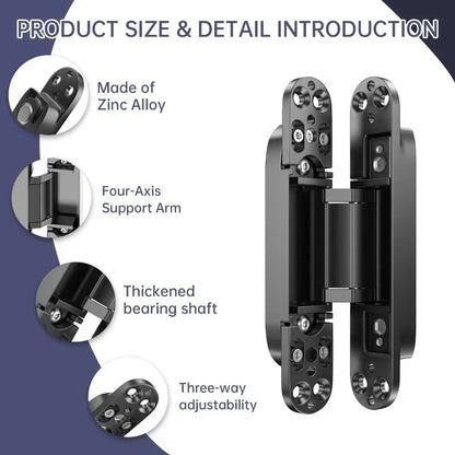 2 pack hidden cross hinges, zinc alloy, 180 degree adjustable invisible hinges for wooden doors