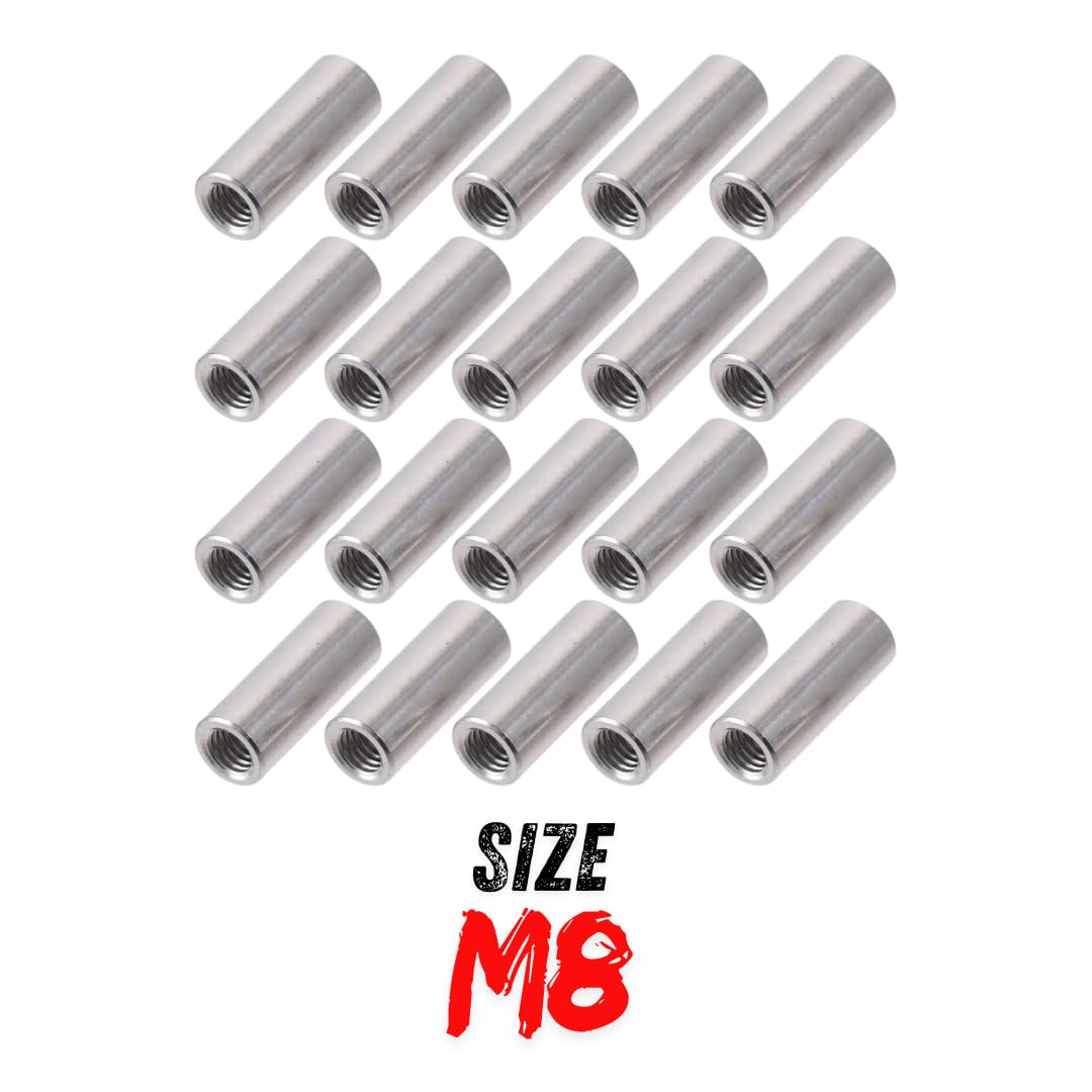 20 Pack of M8 Round Coupling Nuts - 304 Stainless Steel Connector Nut 30mm (1.17inch) Length
