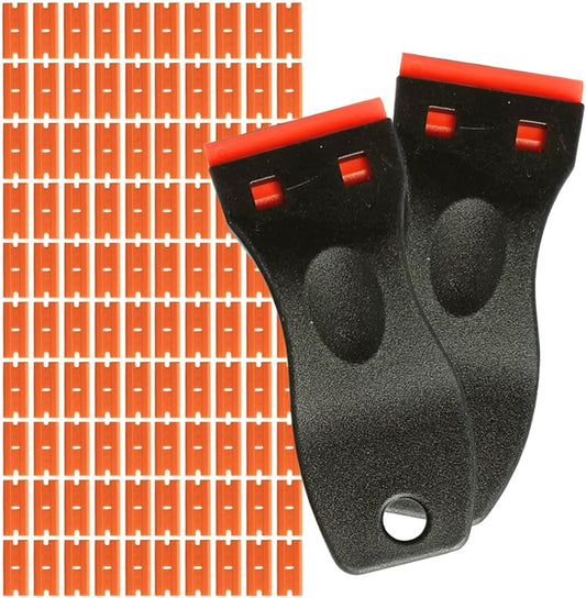 2X Plastic Scrapers & 100x Double Sided Plastic Razor Blades Set - Adhesive, Decal, Sticker, Glue, Sticky Stuff, Label Remover Scraper
