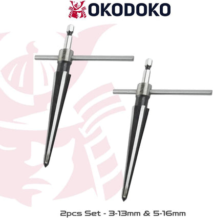 2 Pack of Handheld Tapered Reamers (3-13mm & 5-16mm) 1/4 Inch Hex Shank - T-Handle Taper Reamer Woodwork Set