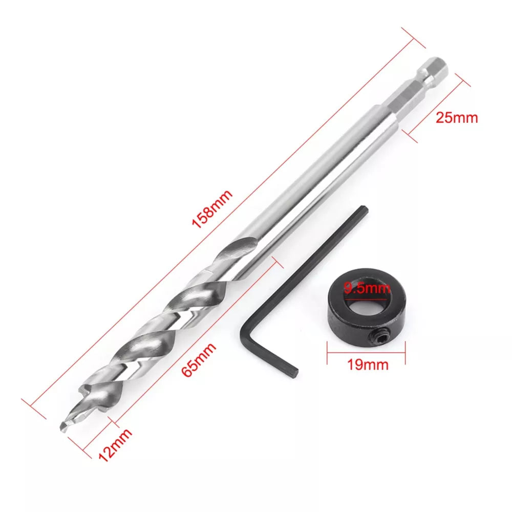 3/8" Lip and Spur Point Drill Bit with Adjustable Stop Collar and Tool for Pocket Hole Jigs 1/4" Hex