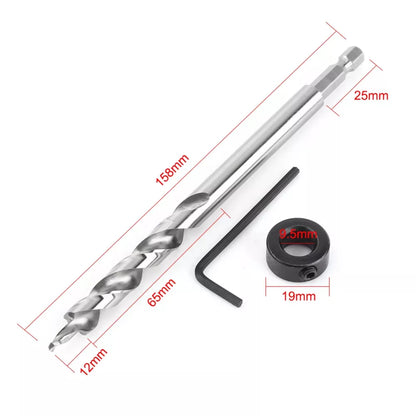 3/8" Lip and Spur Point Drill Bit with Adjustable Stop Collar and Tool for Pocket Hole Jigs 1/4" Hex