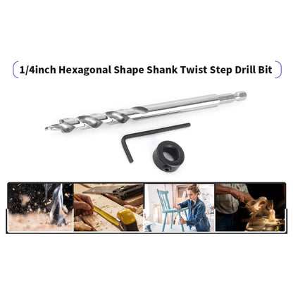 3/8" Lip and Spur Point Drill Bit with Adjustable Stop Collar and Tool for Pocket Hole Jigs 1/4" Hex