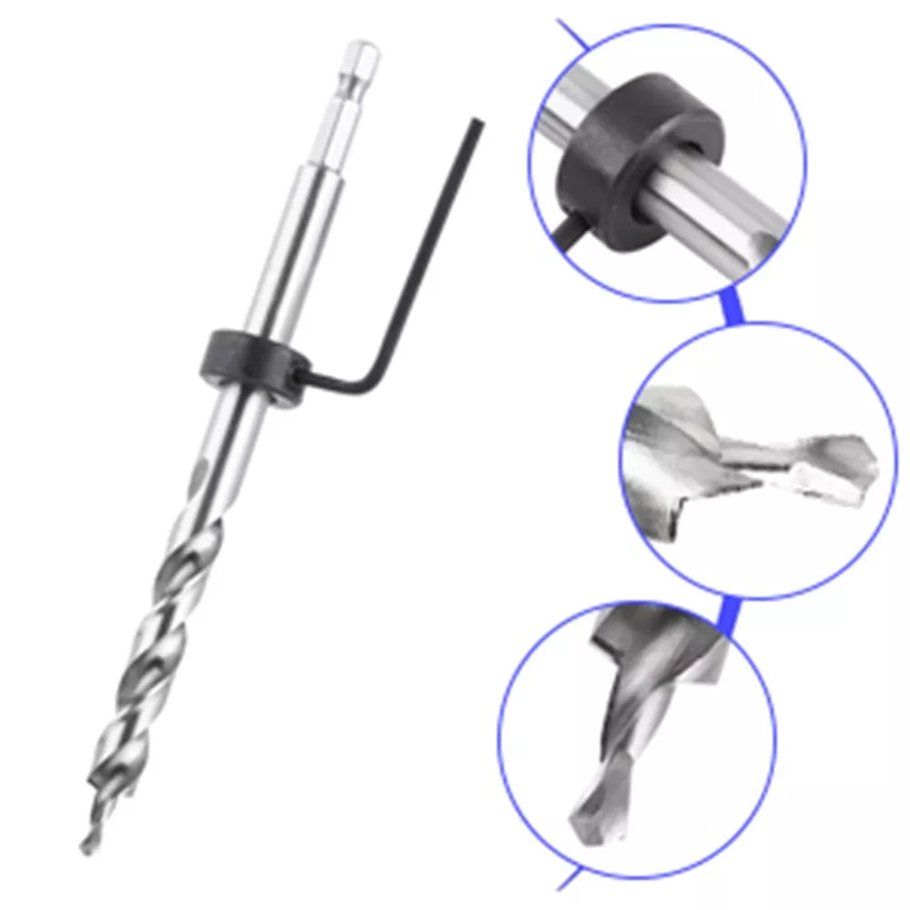 3/8" Lip and Spur Point Drill Bit with Adjustable Stop Collar and Tool for Pocket Hole Jigs 1/4" Hex