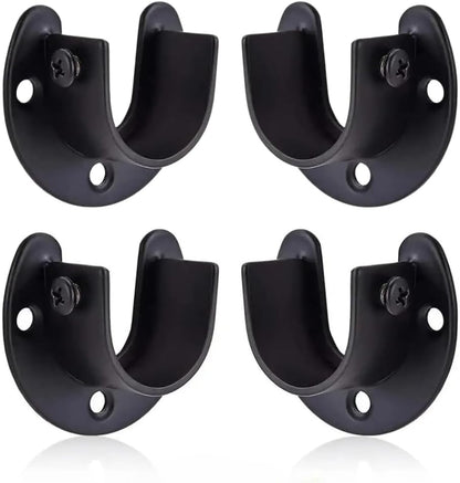 4pcs Black 25mm (0.98" Inch) Diameter Stainless Steel Rod Socket Flange U-Shape Bracket End Support for Curtain Pole, Wardrobe Closet & Bathroom Shower Rail Curtain