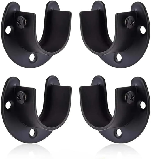 4pcs Black 25mm (0.98" Inch) Diameter Stainless Steel Rod Socket Flange U-Shape Bracket End Support for Curtain Pole, Wardrobe Closet & Bathroom Shower Rail Curtain