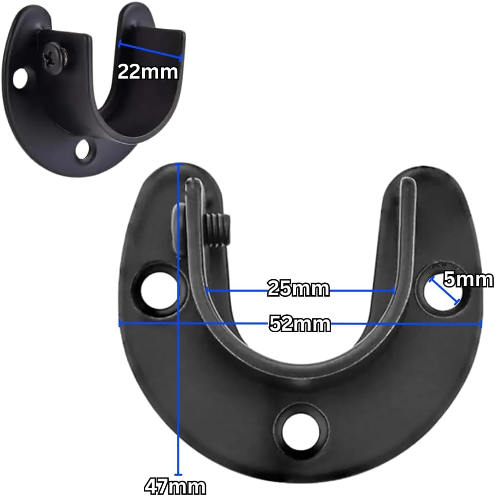 4pcs Black 25mm (0.98" Inch) Diameter Stainless Steel Rod Socket Flange U-Shape Bracket End Support for Curtain Pole, Wardrobe Closet & Bathroom Shower Rail Curtain