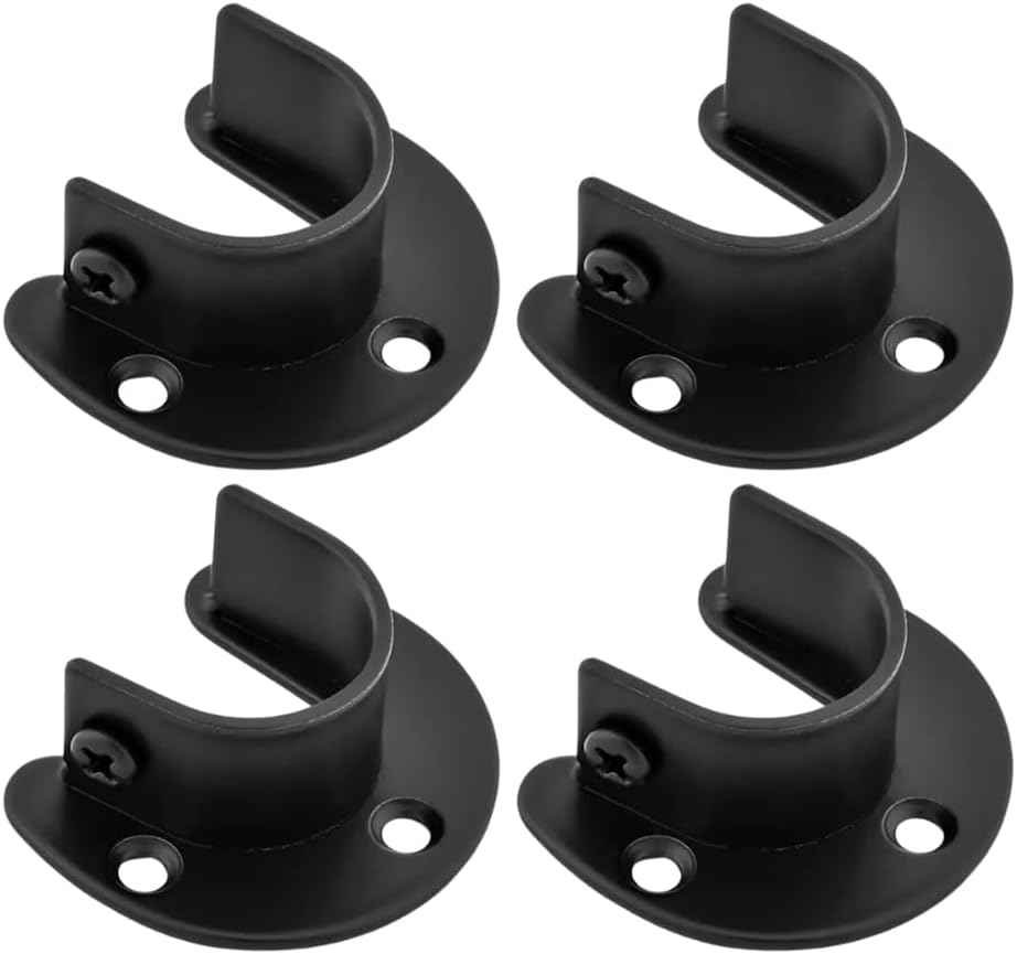 4pcs Black 25mm (0.98" Inch) Diameter Stainless Steel Rod Socket Flange U-Shape Bracket End Support for Curtain Pole, Wardrobe Closet & Bathroom Shower Rail Curtain