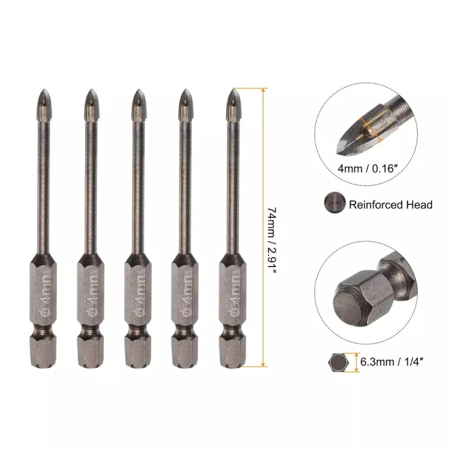 5pcs Titanium-Coated Masonry Drill Bits – Concrete, Ceramic Tile Triangle Tip Drill Bits with 1/4" Hex Shank for Mirror, Tile, Brick and Concrete Block (4mm Diameter)