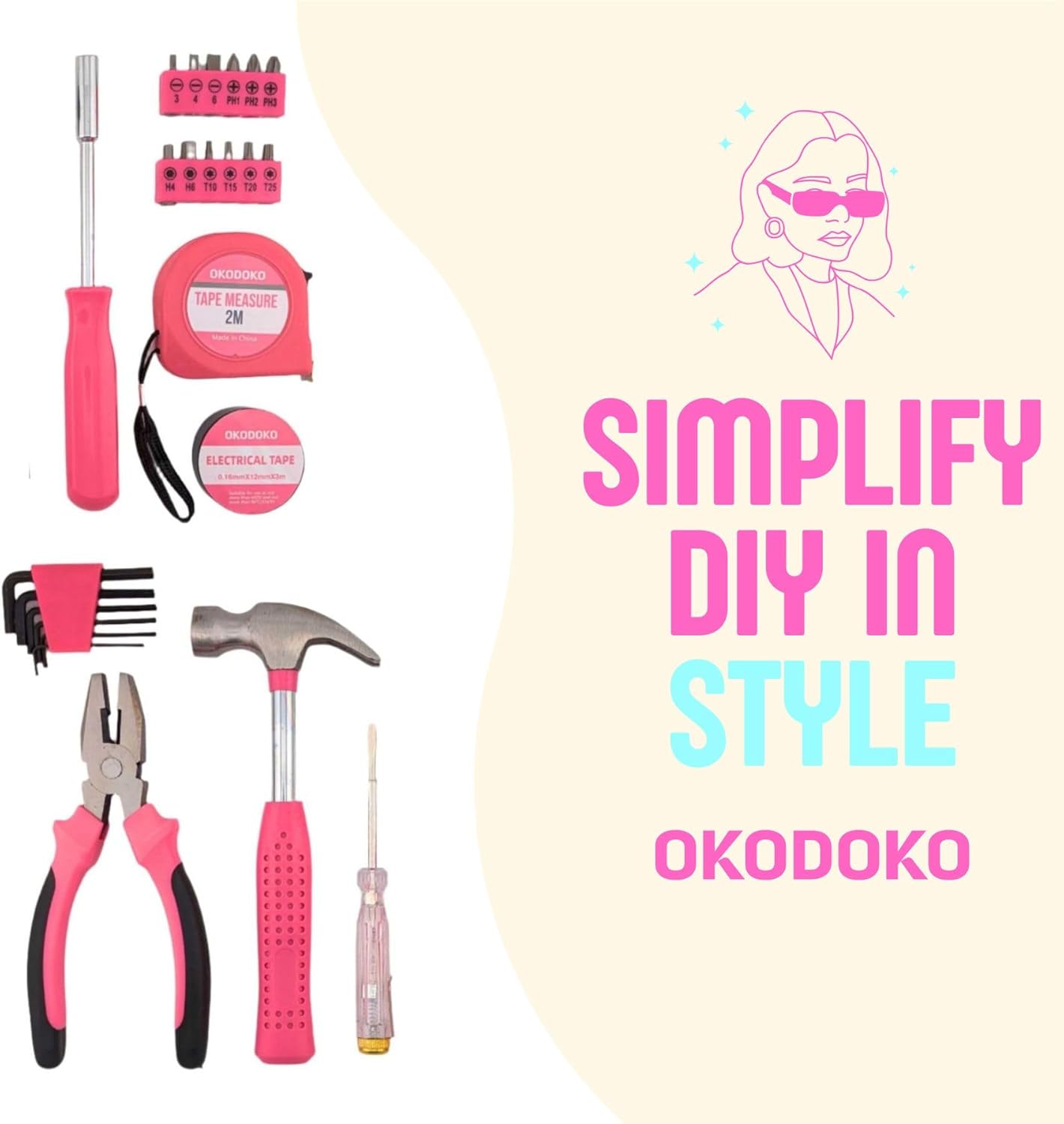 24pc Pink Tool Kit for Women – Mini DIY Household Ladies Toolbox Set with Essential Starter Hand Tools for Home Improvement Projects, Repair & Maintenance