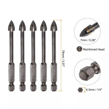 5pcs Titanium-Coated Masonry Drill Bits – Concrete, Ceramic Tile Triangle Tip Drill Bits with 1/4" Hex Shank for Mirror, Tile, Brick and Concrete Block (7mm Diameter)