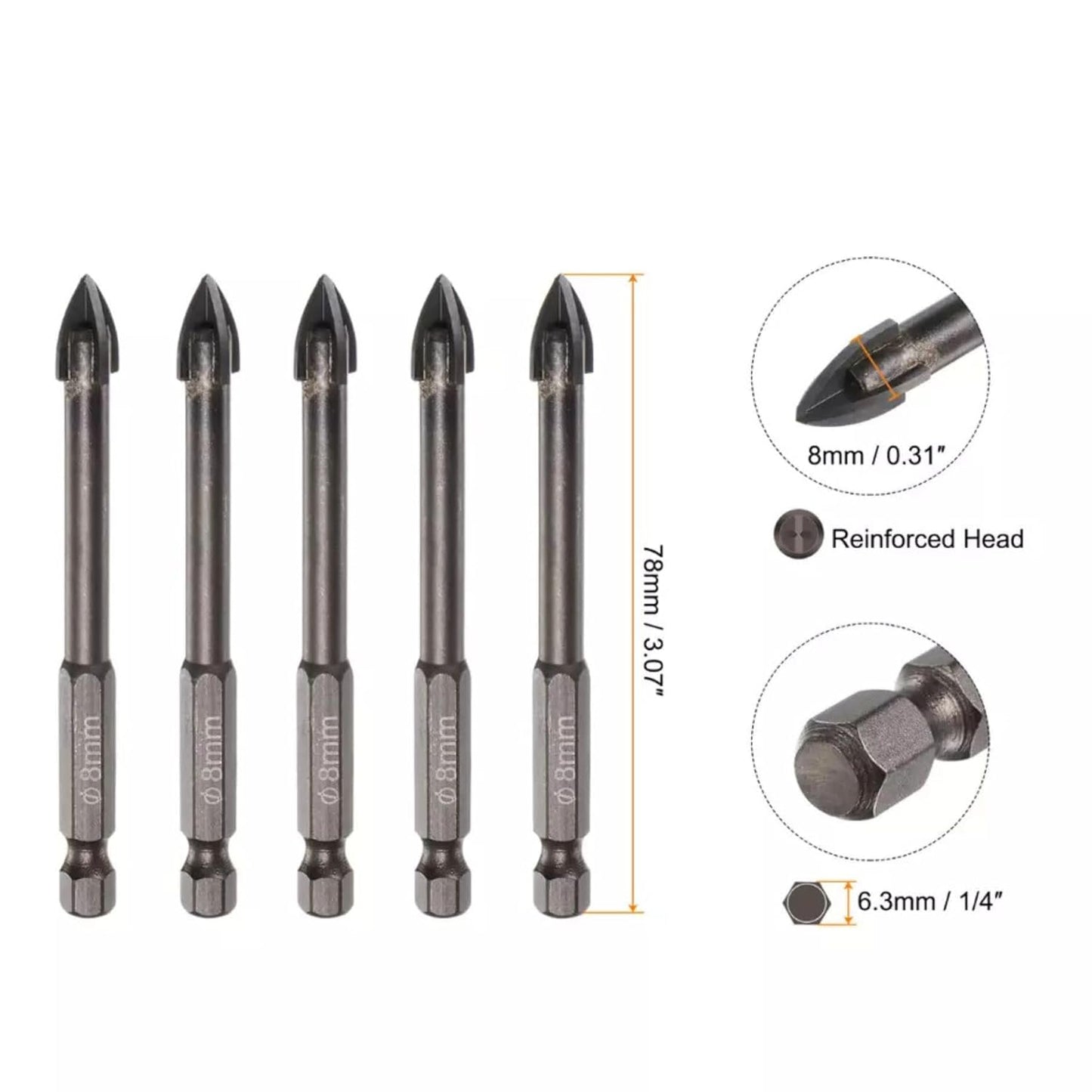5pcs Titanium-Coated Masonry Drill Bits – Concrete, Ceramic Tile Triangle Tip Drill Bits with 1/4" Hex Shank for Mirror, Tile, Brick and Concrete Block (8mm Diameter)