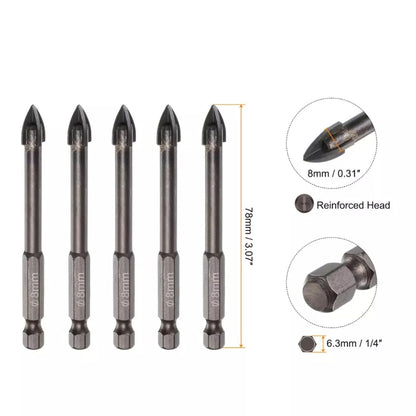 5pcs Titanium-Coated Masonry Drill Bits – Concrete, Ceramic Tile Triangle Tip Drill Bits with 1/4" Hex Shank for Mirror, Tile, Brick and Concrete Block (8mm Diameter)
