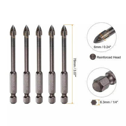 5pcs Titanium-Coated Masonry Drill Bits – Concrete, Ceramic Tile Triangle Tip Drill Bits with 1/4" Hex Shank for Mirror, Tile, Brick and Concrete Block (6mm Diameter)
