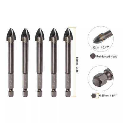 5pcs Titanium-Coated Masonry Drill Bits – Concrete, Ceramic Tile Triangle Tip Drill Bits with 1/4" Hex Shank for Mirror, Tile, Brick and Concrete Block (12mm Diameter)