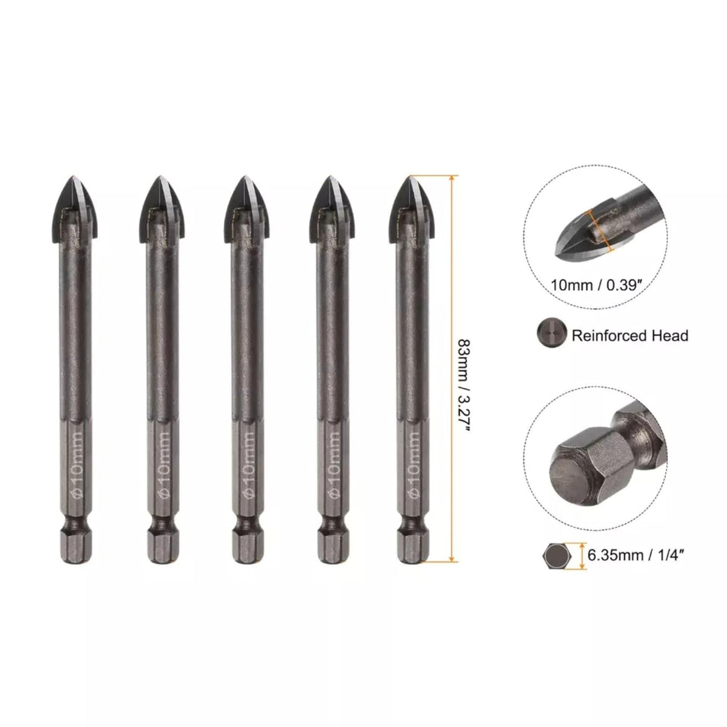 5pcs Titanium-Coated Masonry Drill Bits – Concrete, Ceramic Tile Triangle Tip Drill Bits with 1/4" Hex Shank for Mirror, Tile, Brick and Concrete Block (10mm Diameter)