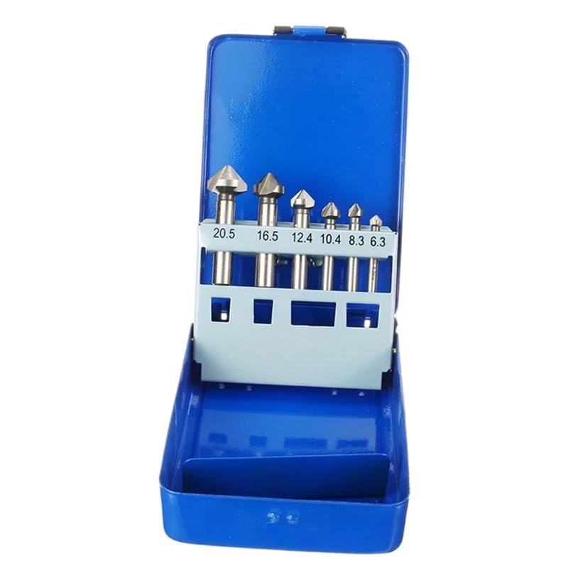 6pcs HSS 90 Degree Countersink Drill Bits Set (6.3, 8.3, 10.4, 12.4, 16.5 & 20.5mm) for Metal and Woodworking Chamfering Cutter Bits & Blue Tin Case