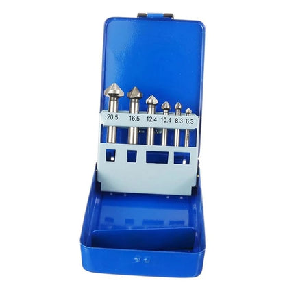 6pcs HSS 90 Degree Countersink Drill Bits Set (6.3, 8.3, 10.4, 12.4, 16.5 & 20.5mm) for Metal and Woodworking Chamfering Cutter Bits & Blue Tin Case